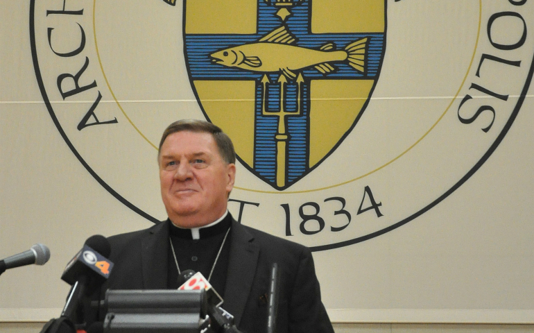 Cardinal-designate Joseph W. Tobin of Indianapolis discusses being named a cardinal by Pope Francis during an Oct. 10 news conference at Archbishop Edward T. O'Meara Catholic Center in Indianapolis. (CNS photo/Natalie Hoefer, The Criterion)