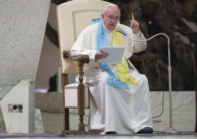 Pope Francis speaks to pilgrims Oct. 13 in the Paul VI hall. (CNS/Giorgio Onorati, EPA)