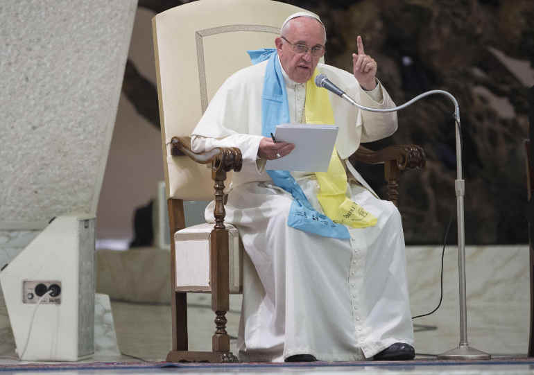 Pope Francis speaks to pilgrims Oct. 13 in the Paul VI hall. (CNS/Giorgio Onorati, EPA)