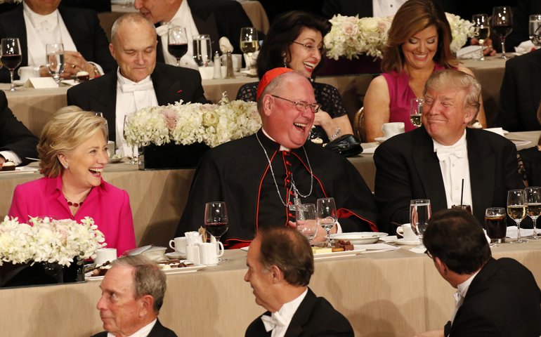 Cardinal Timothy Dolan shares a light moment with Hillary Clinton and Donald Trump during the 71st annual Alfred E. Smith Memorial Foundation Dinner at the Waldorf Astoria hotel in New York City Oct. 20.