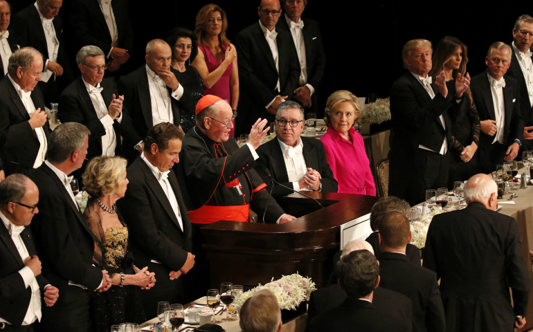 New York Cardinal Timothy M. Dolan imparts a blessing during the 71st annual Alfred E. Smith Memorial Foundation Dinner at the Waldorf Astoria hotel in New York City Oct. 20. (CNS photo/Gregory A. Shemitz)