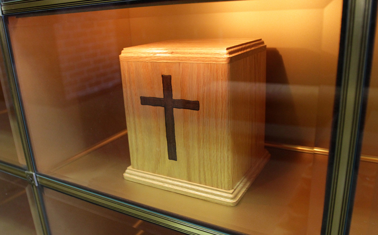 An urn containing cremated remains is seen in a niche in the Holy Rood Cemetery mausoleum in Westbury, N.Y., in 2010. (CNS/Gregory A. Shemitz)