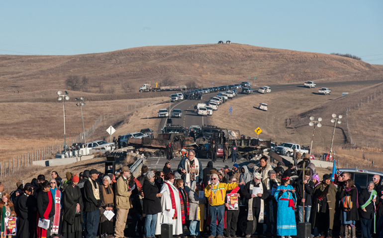 Clergy of many faiths from across the United States participate in a prayer circle Nov. 3, 2016 in Standing Rock, N.D., where demonstrators confront police during a protest of the Dakota Access Pipeline. (CNS/Stephanie Keith, Reuters)
