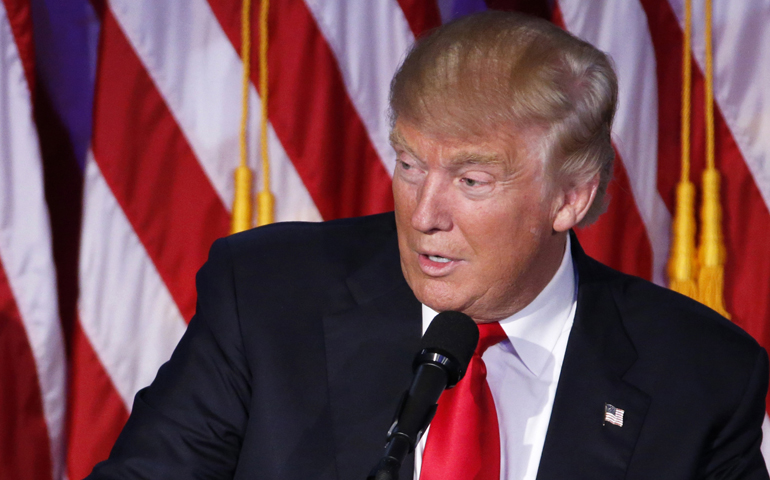 President-elect Donald Trump delivers his acceptance speech Nov. 9 at the New York Hilton Midtown in Manhattan. (CNS/Shawn Thew, EPA)