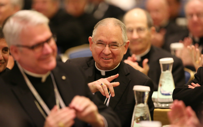 Archbishop Jose H. Gomez of Los Angeles smiles Nov. 15 after he was elected vice president of the U.S. Conference of Catholic Bishops during the annual fall general assembly of the USCCB in Baltimore. (CNS photo/Bob Roller)