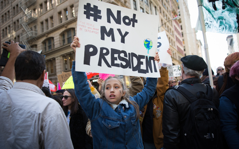 Protesters demonstrate against President-elect Donald Trump in New York City Nov. 12. (CNS/Kevin Hagen, EPA)