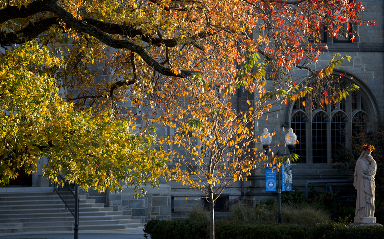 A tree in full autumn colors is seen Nov. 17, 2016, in front of Theological College of The Catholic University of America in Washington. (CNS/Tyler Orsburn)