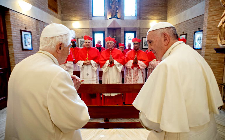 Pope Francis, right, and new cardinals visit with Pope Emeritus Benedict XVI at the retired pope's residence after a consistory at the Vatican Nov. 19. (CNS/L'Osservatore Romano, handout)