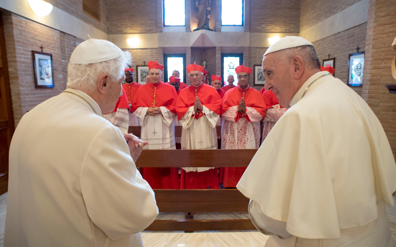 Pope Francis, right, and new cardinals visit with Pope Emeritus Benedict XVI at the retired pope's residence after a consistory at the Vatican Nov. 19, 2016. (CNS/L'Osservatore Romano, handout)