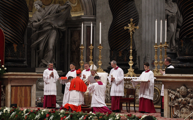 Pope Francis installs new Cardinal Blase Cupich of Chicago into the College of Cardinals during a consistory in St. Peter's Basilica at the Vatican Nov. 19, 2016. (CNS /Paul Haring)