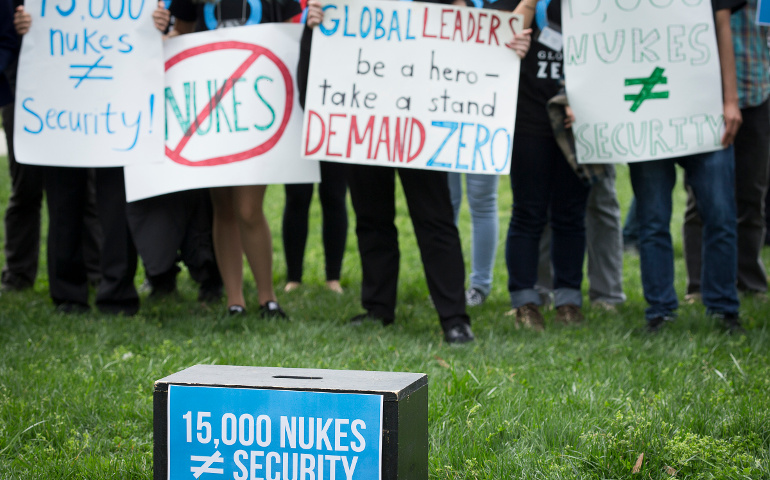 Demonstrators in Washington protest nuclear weapons April 1. (CNS / Tyler Orsburn)