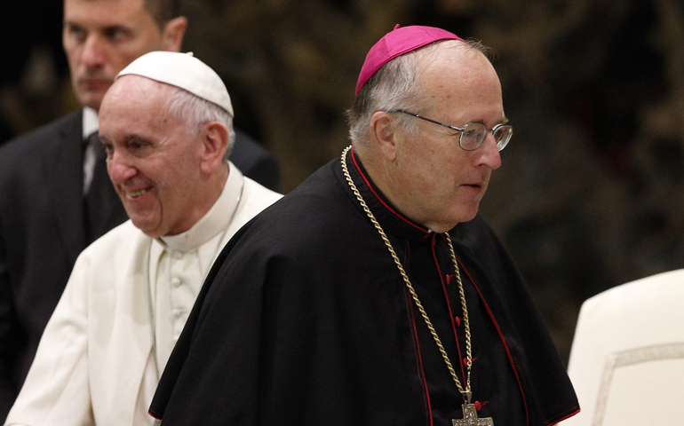 Bishop Robert McElroy of San Diego walks away after greeting Pope Francis during his general audience in Paul VI hall at the Vatican Nov. 23, 2016. (CNS/Paul Haring) 