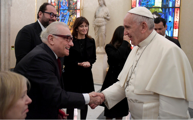 Pope Francis meets U.S. film director Martin Scorsese during a Nov. 30 private audience at the Vatican. The meeting took place the morning after the screening of his film, "Silence," for about 300 Jesuits. (CNS / L'Osservatore Romano, handout)