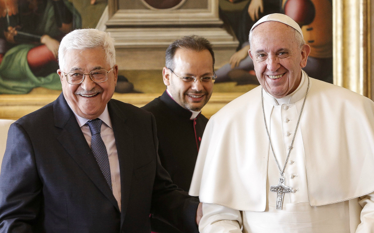 Pope Francis is pictured with Palestinian President Mahmoud Abbas during a meeting at the Vatican Jan. 14. (CNS photo/Giuseppe Lami, Reuters pool)
