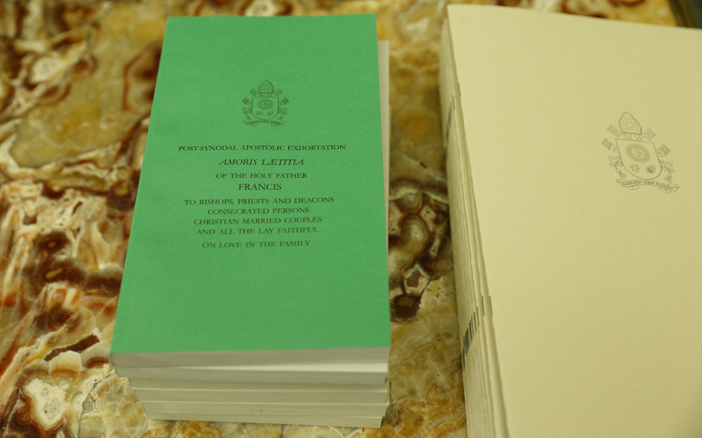 Copies of Pope Francis' apostolic exhortation on the family, "Amoris Laetitia" ("The Joy of Love"), are pictured on a table at the Vatican Jan. 16. (CNS/Paul Haring)