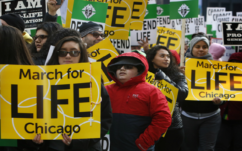 People carry signs as thousands of participants walk in Chicago's March for Life Jan. 15. Cardinal Blase J. Cupich of Chicago joined other pro-life speakers at the event before the march. "We raise our voice this afternoon," he said, "with a message which is simple and direct: 'Life Wins.'" (CNS photo/Karen Callaway, Chicago Catholic)