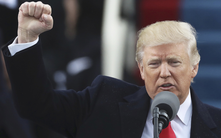 President Donald Trump speaks after his Jan. 20 swearing-in as the country's 45th president at the U.S. Capitol in Washington. (CNS/Carlos Barria, Reuters)