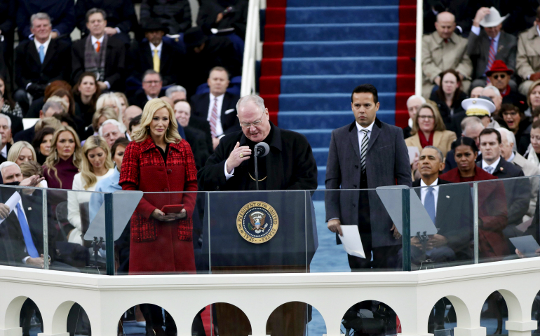 New York Cardinal Timothy Dolan delivers the invocation before Donald Trump's swearing-in as U.S. president Jan. 20 at the Capitol in Washington. (CNS/Reuters/Carlos Barria)