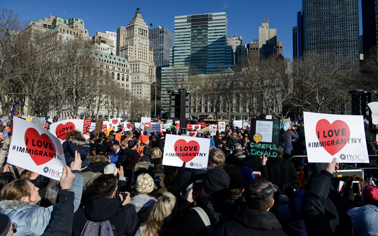People in New York City participate in a Jan. 29 protest against President Donald Trump's travel ban. (CNS/Stephanie Keith, Reuters)