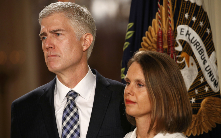 Judge Neil Gorsuch stands with his wife, Marie Louise, at the White House in Washington Jan. 31. (CNS/Kevin Lamarque, Reuters) 