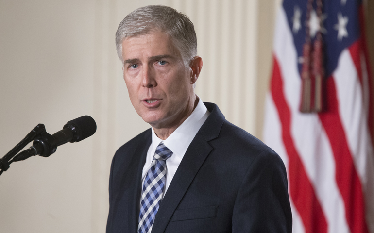 Judge Neil Gorsuch speaks after U.S. President Donald Trump nominated him to be a U.S. Supreme Court justice Jan. 31 at the White House in Washington. (CNS/Michael Reynolds, EPA)