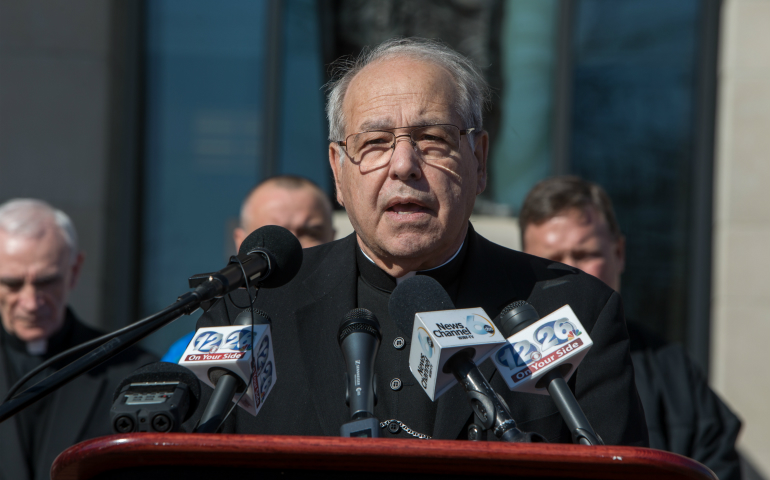 Bishop Felipe Estevez of St. Augustine, Fla., speaks Jan. 31 at a joint news conference in Augusta, Ga., where the bishops of three dioceses called on Georgia prosecutors to remove the death penalty from the case of Steven Murray, accused of murdering Fr. Rene Robert of the St. Augustine diocese last April. (CNS/St. Augustine Catholic/Woody Huband)