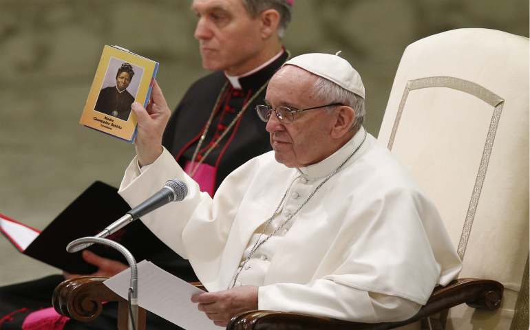 Pope Francis speaks during his general audience in Paul VI hall at the Vatican Feb. 8. (CNS photo/Paul Haring)