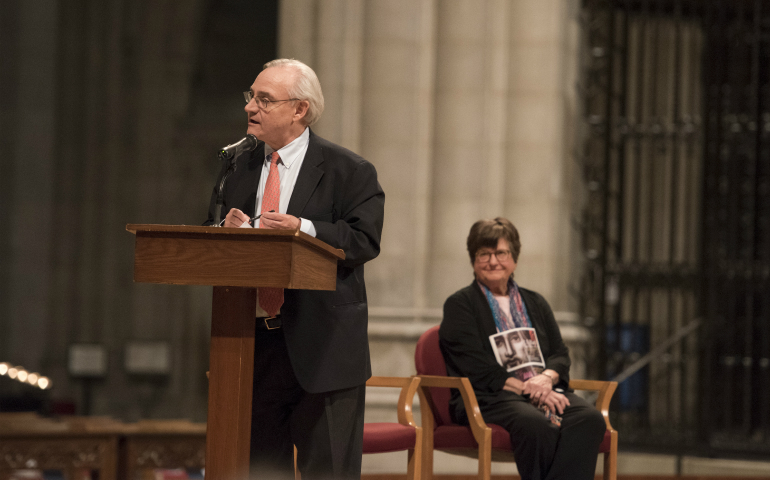 E.J. Dionne, syndicated columnist and Georgetown University professor, moderates a panel discussion on the death penalty with religious leaders Feb. 6 at the Washington National Cathedral. At right is Sister Helen Prejean, a Sister of St. Joseph of Medaille, who is a longtime opponent of capital punishment and author of "Dead Man Walking." (CNS photo/Danielle E. Thomas, Washington National Cathedral)