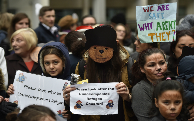 Demonstrators gather during a children's refugee protest in 2016 in London. (CNS photo/Hannah McKay, EPA)