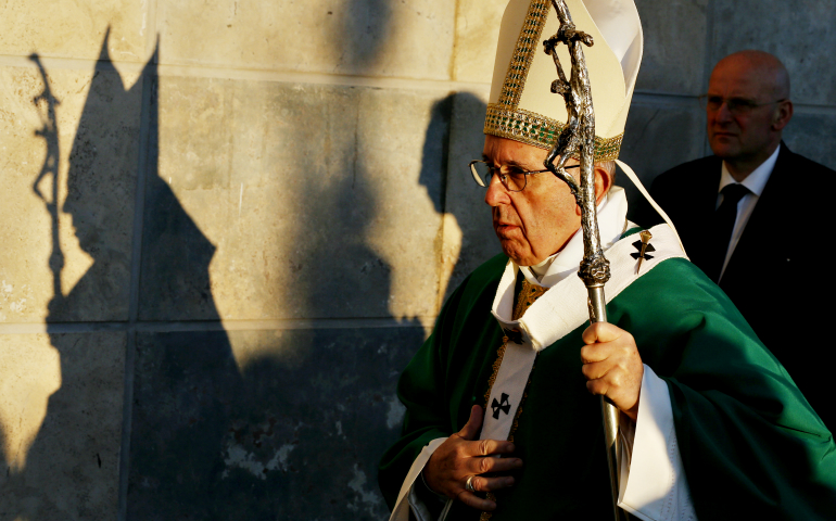 Pope Francis arrives to celebrate Mass at St. Mary Josefa Parish in Rome Feb. 19. (CNS/Paul Haring)
