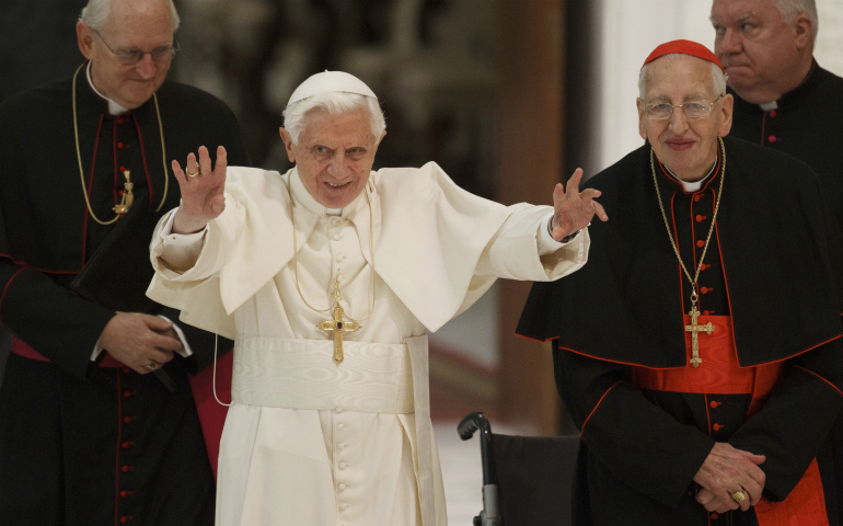 Irish Cardinal Desmond Connell, retired archbishop of Dublin, right, is pictured in a 2012 photo with Pope Benedict XVI. Cardinal Connell died Feb. 21 at age 90. (CNS photo/Paul Haring)