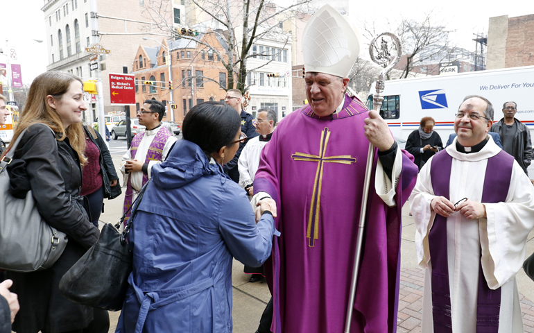 Cardinal Joseph Tobin greets people after celebrating Ash Wednesday Mass at St. Patrick's Pro-Cathedral in Newark March 1. (CNS/Gregory A. Shemitz)