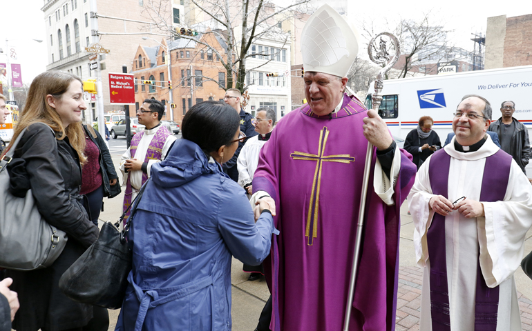 Cardinal Joseph Tobin greets people after celebrating Ash Wednesday Mass at St. Patrick's Pro-Cathedral in Newark March 1. (CNS/Gregory A. Shemitz)