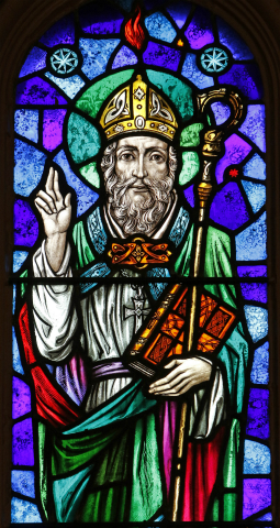 St. Patrick is depicted in a stained-glass window at St. Aloysius Church in Great Neck, N.Y. (CNS photo/Gregory A. Shemitz)