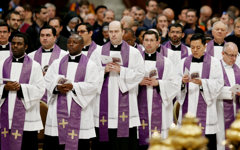Priests attend a Lenten penance service led by Pope Francis in St. Peter's Basilica at the Vatican March 17. (CNS/Paul Haring) 