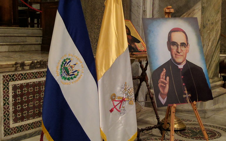 A portrait of Blessed Oscar Romero is displayed March 23 in Rome's Basilica of Santa Maria in Trastevere. (CNS/Junno Arocho Esteves)