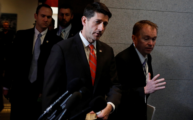 U.S. House Speaker Paul Ryan, R-Wis., and Mick Mulvaney, Office of Management and Budget director, arrive for a March 23 meeting about the American Health Care Act in Washington. (CNS/Aaron P. Bernstein, Reuters)