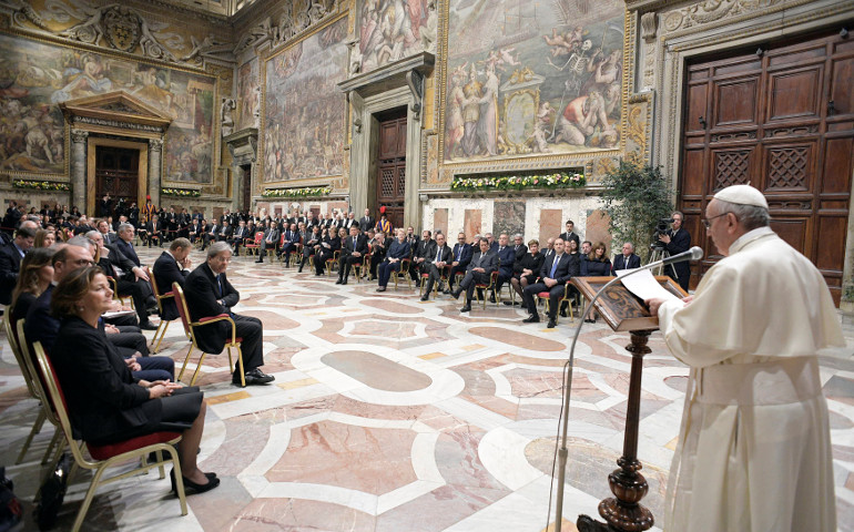 Pope Francis speaks during the European Union summit at the Vatican March 24. (CNS/L'Osservatore Romano via Reuters)