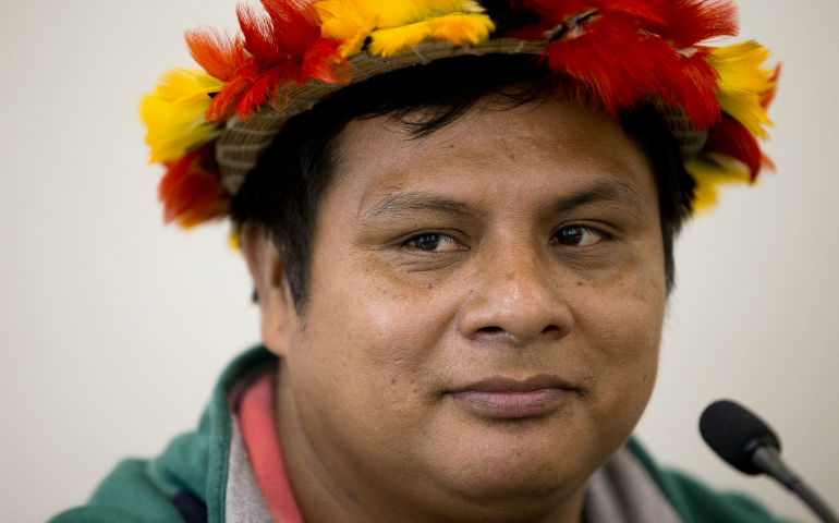 Zebelio Kayap Jempekit, an Awajun leader in northern Peru, is seen in Washington March 21. He described the fouling of rivers -- his people's only source of water for drinking, cooking and bathing -- because of mining and oil operations. (CNS photo/Tyler Orsburn)