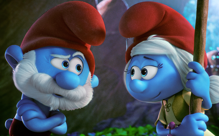 Papa Smurf, voiced by Mandy Patinkin, and SmurfWillow, voiced by Julia Roberts, appear in the animated movie "Smurfs: The Lost Village." (CNS photo/Sony)