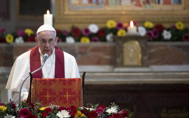 Pope Francis speaks during a prayer service at the Basilica of St. Bartholomew in Rome April 22. 2017. (CNS photo/Maurizio Brambatti, pool)