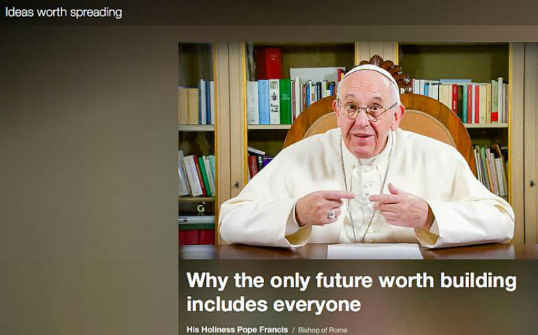 This is a screen grab with an image of Pope Francis from www.ted.com. The pope was a surprise presenter in a video talk played April 25 for 1,800 people attending TED 2017 in Vancouver, British Columbia, and posted online with subtitles in 20 languages. (CNS photo/TED.com)
