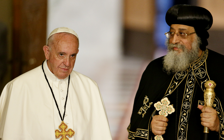 Pope Francis with Coptic Orthodox Pope Tawadros II in Cairo April 28 (CNS/Paul Haring)