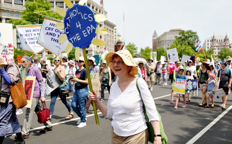Nancy Lorence, parishioner at St. Francis Xavier Church, New York City is seen during the People's Climate March in Washington April 29. (CNS/Dennis Sadowski)