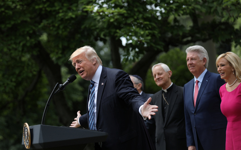 President Donald Trump speaks during a National Day of Prayer event at the White House in Washington May 4 as he signed an executive order on religious liberty. (CNS/Carlos Barria, Reuters)