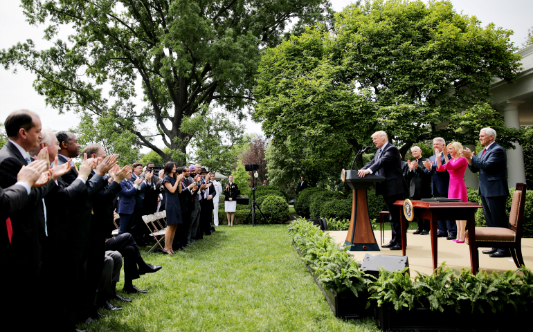 President Donald Trump speaks during a National Day of Prayer event at the White House in Washington May 4 before signing an executive order on religious liberty. (CNS/Reuters/Carlos Barria)