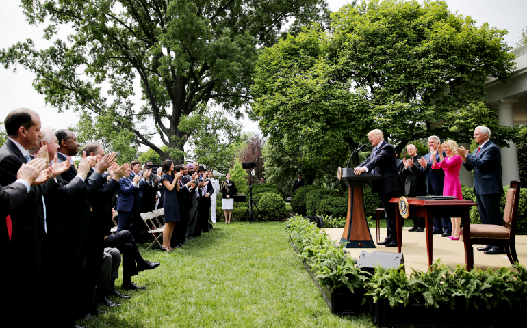 President Donald Trump speaks during a National Day of Prayer event at the White House in Washington May 4 before signing an executive order on religious liberty. (CNS/Reuters/Carlos Barria)