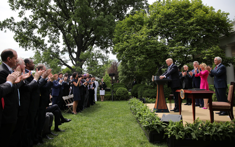 President Donald Trump speaks May 4 during a National Day of Prayer event at the White House in Washington. (CNS/Carlos Barria, Reuters)