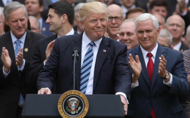 President Donald Trump gathers with Vice President Mike Pence and congressional Republicans at the White House in Washington May 4 after the House of Representatives approved a repeal of major parts of the Affordable Care Act and replace it with a Republican health care bill. (CNS/Carlos Barria, Reuters)