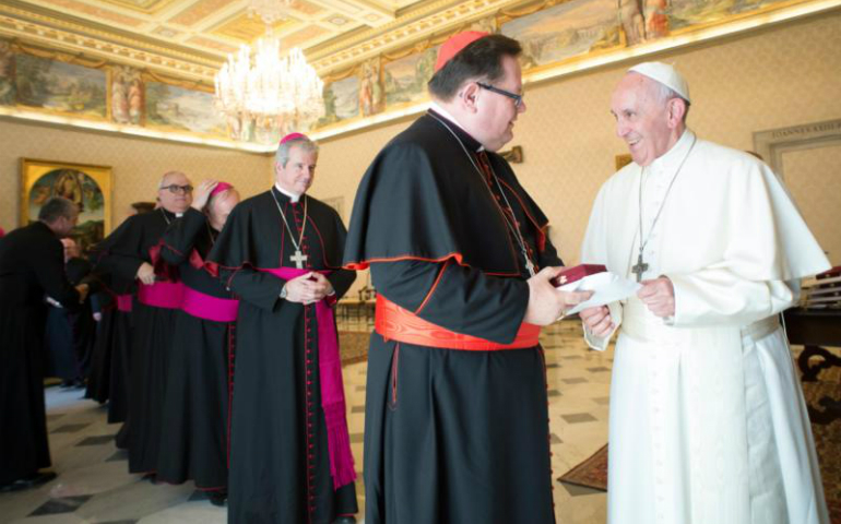 Pope Francis greets Cardinal Gerald Lacroix of Quebec as he meets with Canadian bishops from Quebec during their "ad limina" visits to the Vatican May 11. (CNS/L'Osservatore Romano)